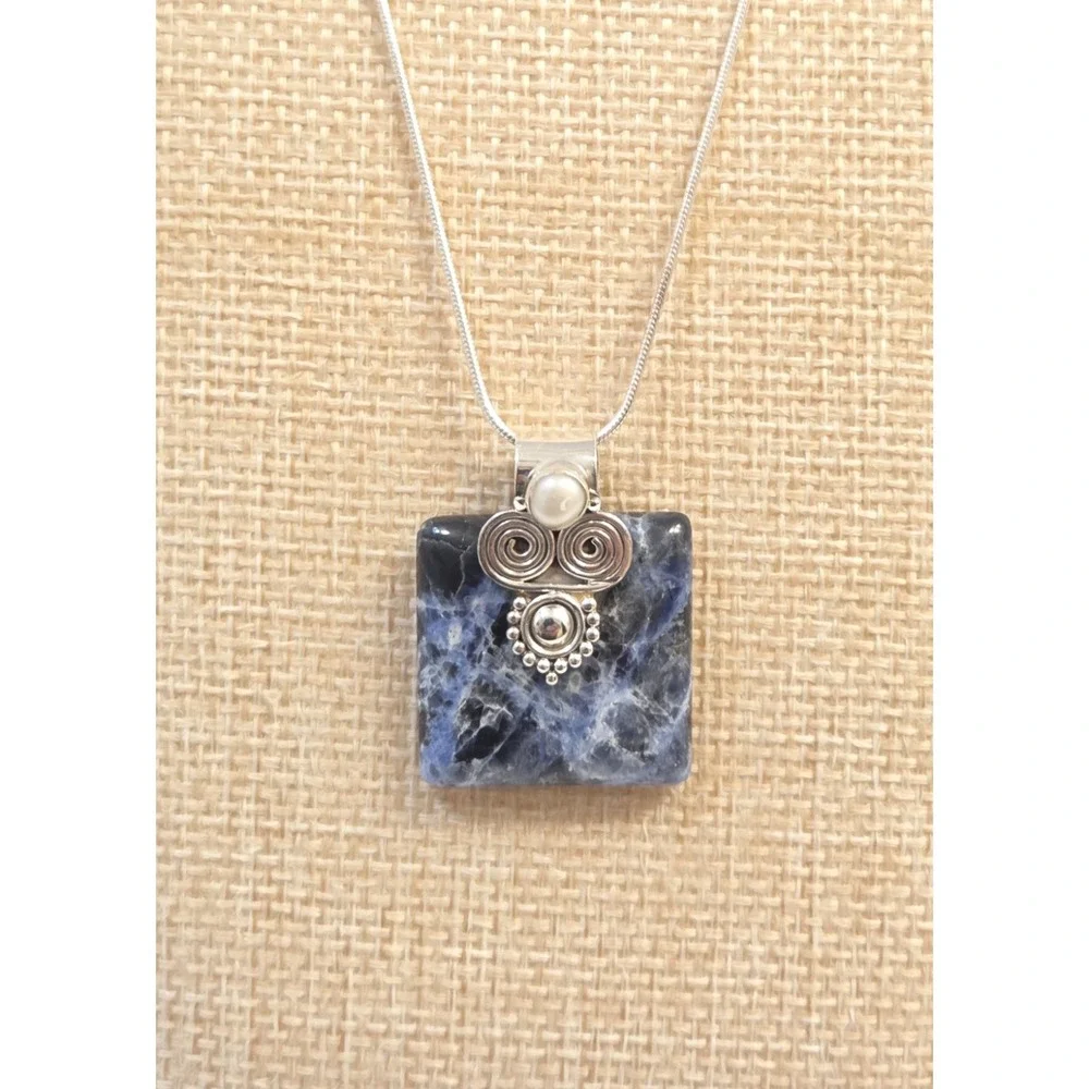 Vintage Sterling Silver Sodalite Pearl Pendant 18